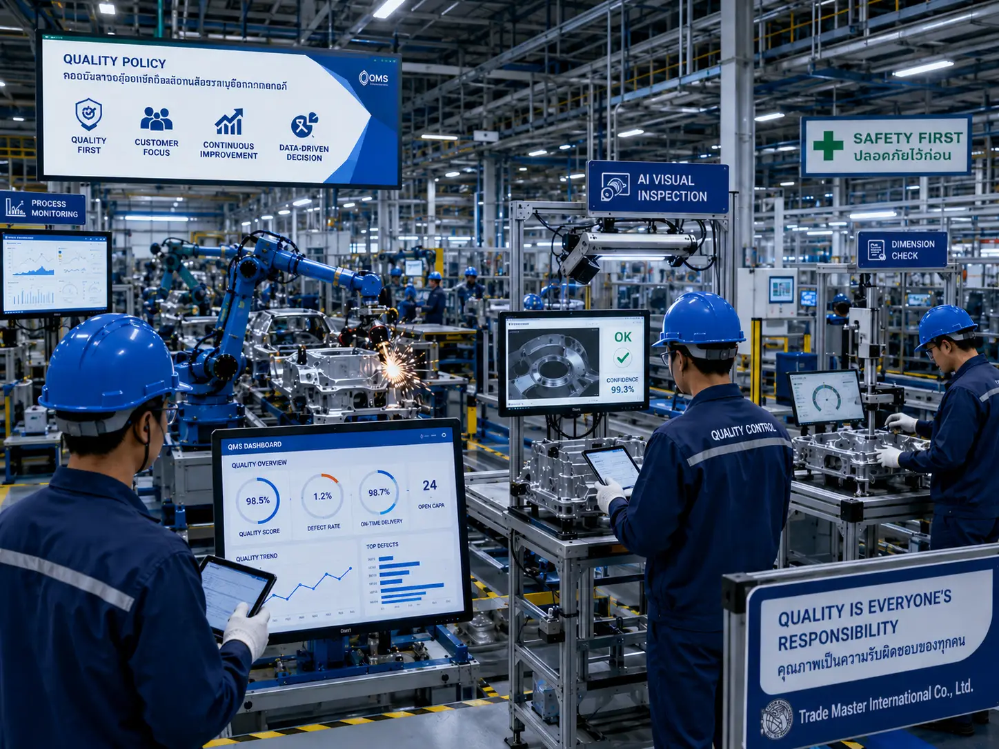 โรงงาน Smart Factory ที่ใช้ Digital QMS และ AI สำหรับ ISO 9001:2026 การจัดการคุณภาพแบบดิจิทัล