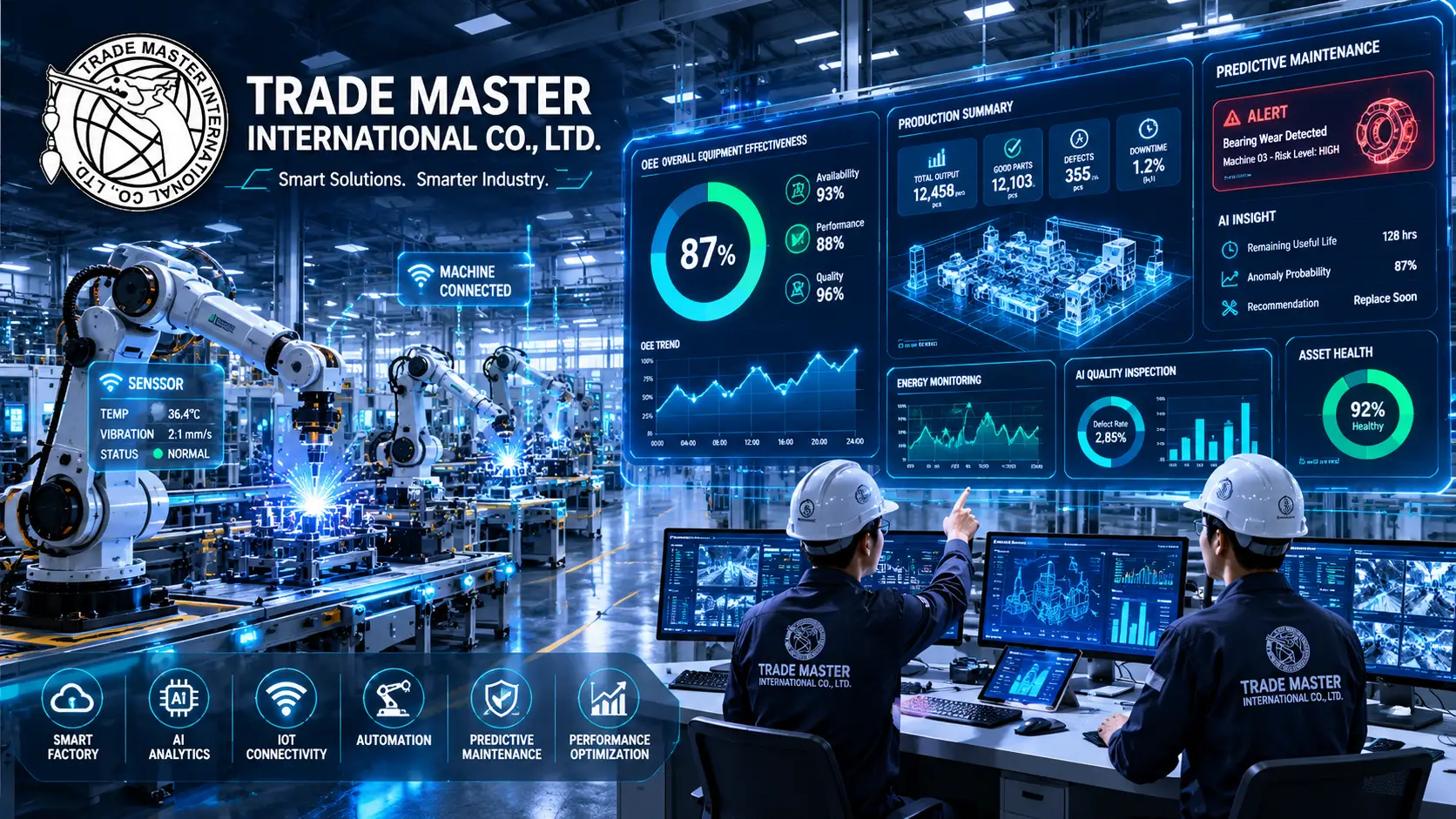 โรงงานอัจฉริยะ AI Smart Factory พร้อม Manufacturing Dashboard แสดงข้อมูล OEE และ Production Monitoring แบบ Real-time