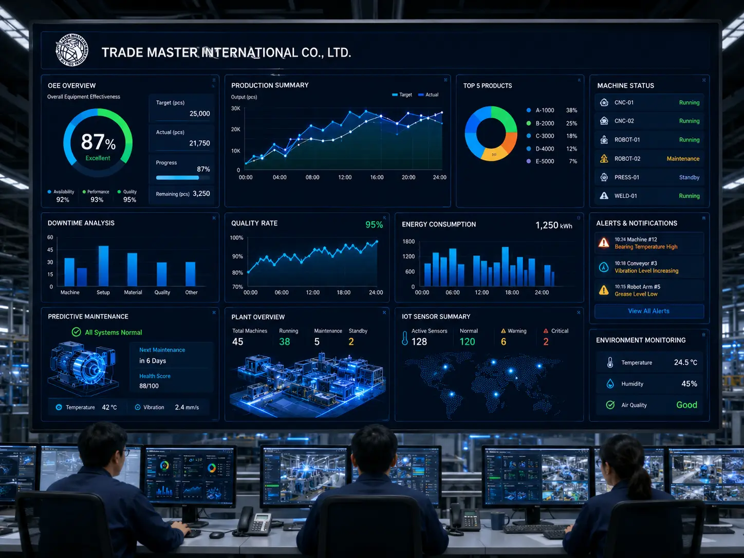 ภาพรวม AI Smart Factory Solutions แสดง Manufacturing Dashboard หลายจอพร้อม AI Production Monitoring แบบ Real-time