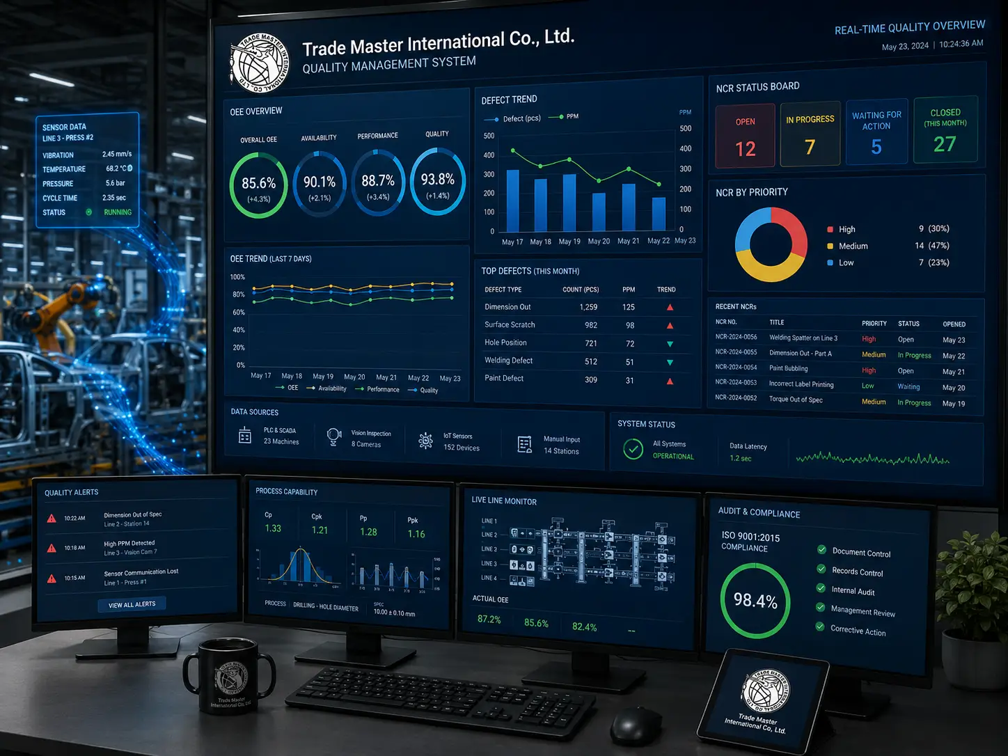 Digital QMS Dashboard แสดง KPI คุณภาพ OEE และ NCR Management สำหรับโรงงานอุตสาหกรรม