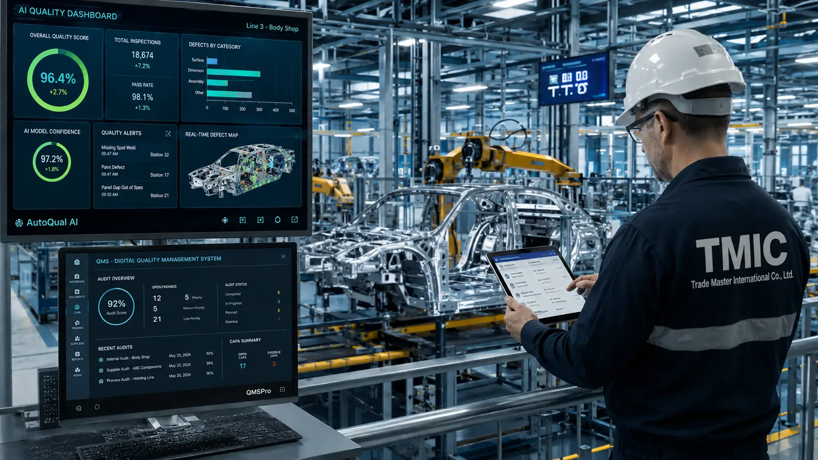 โรงงานอุตสาหกรรมสมัยใหม่ผสาน AI Dashboard และผู้ตรวจประเมิน ISO IATF สำหรับ Smart Factory